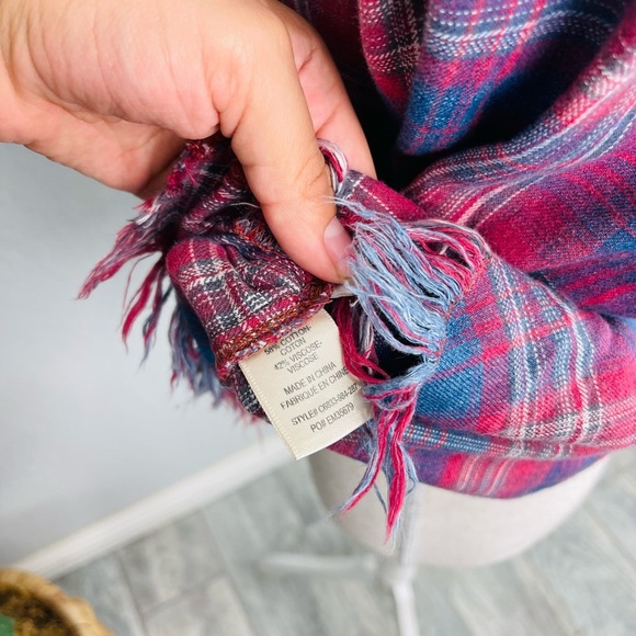 Cloth & Stone Blue Pink Red Plaid Mid Sleeve Raw Hem Button Down Tunic Dress - Picture 3 of 6